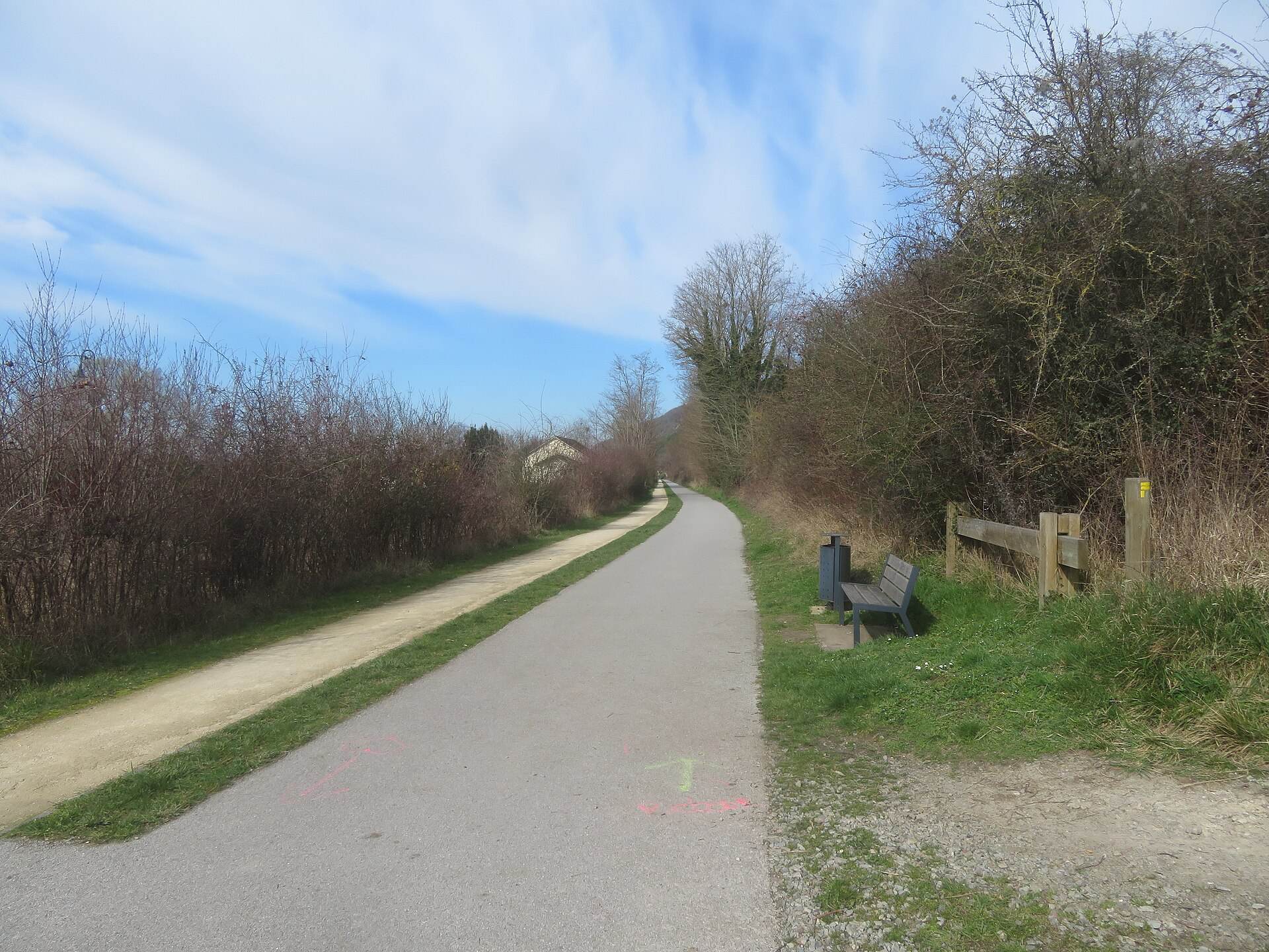 Voie verte goudronnée bordée d'herbe et d'arbres entre Manitot et Giverny